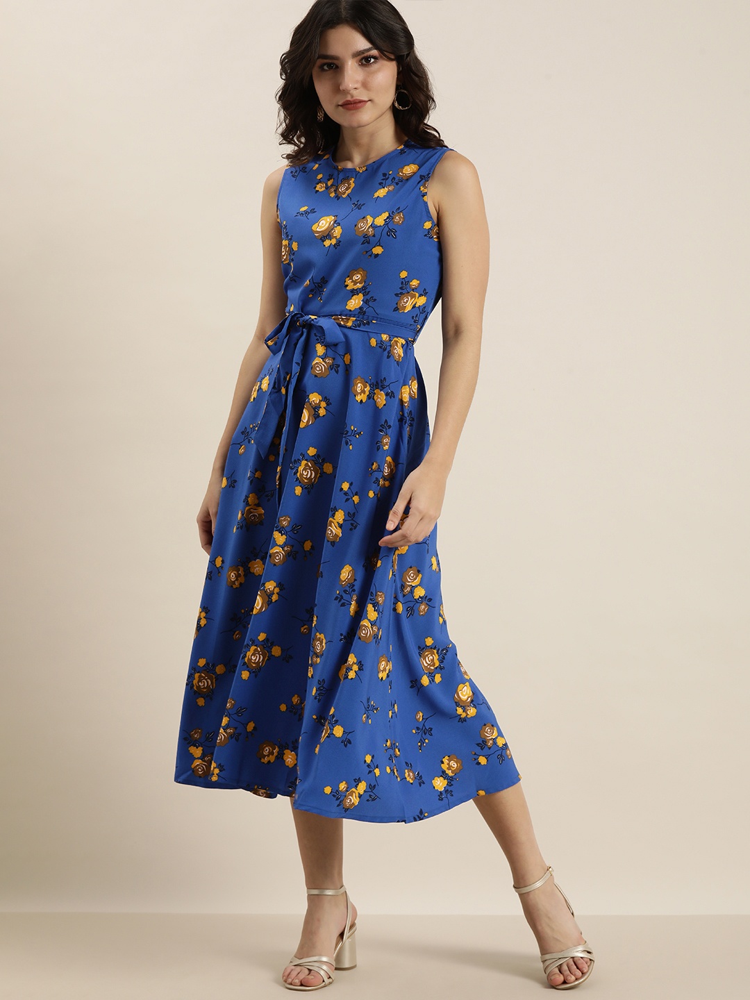 

her by invictus Blue & Mustard Yellow Floral Colourblocked Fit N Flare Dress