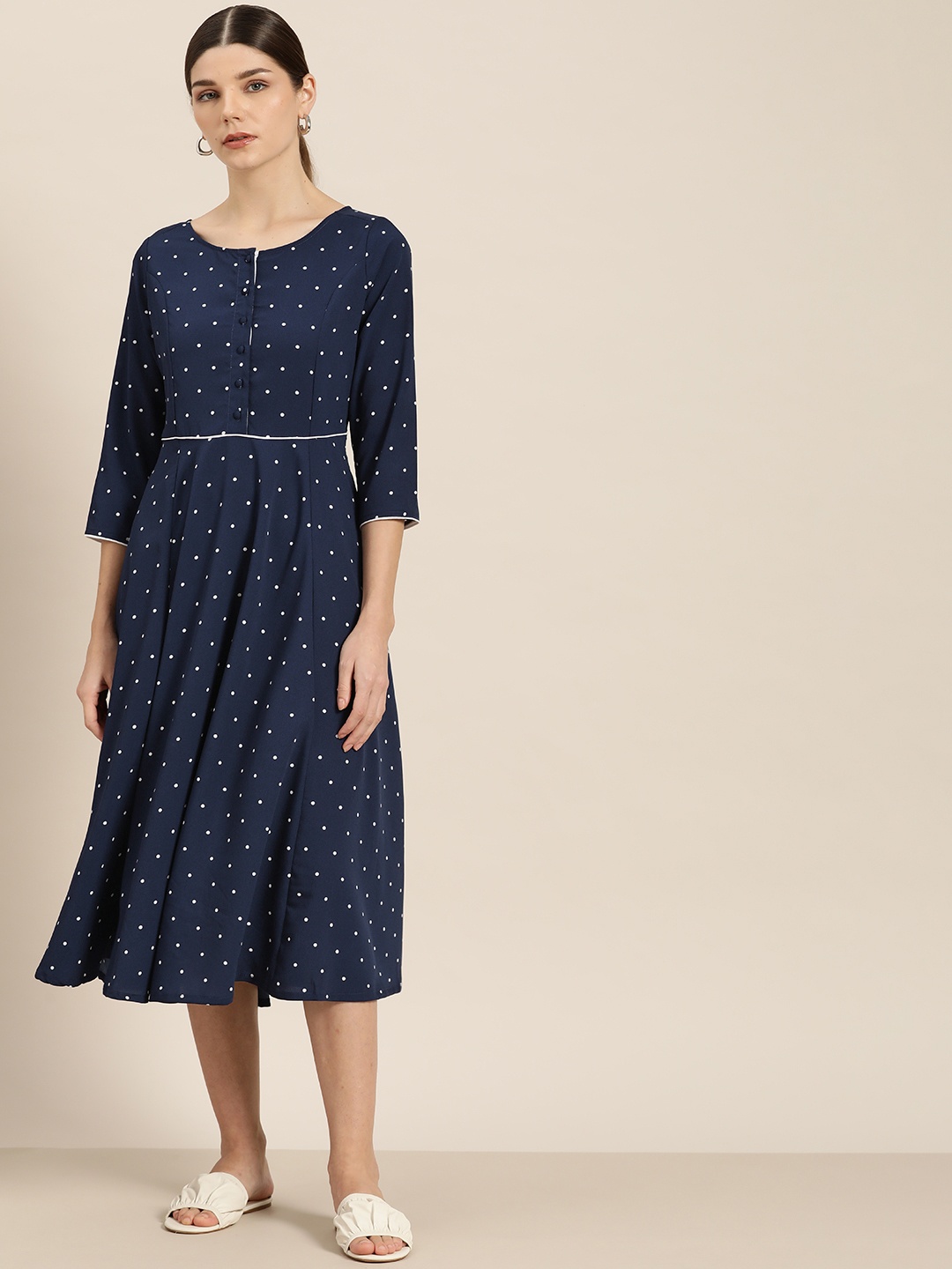 

her by invictus Navy Blue & White Printed A-Line Midi Dress