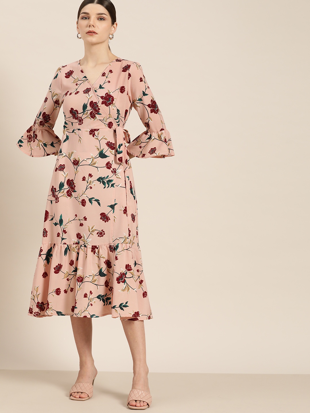 

her by invictus Pink & Maroon Floral Printed Midi Dress