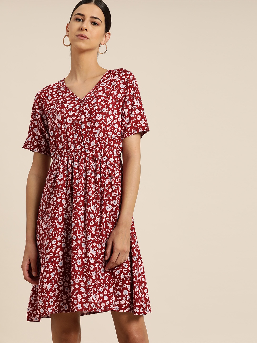 

her by invictus Women Maroon & Pink Floral Print Wrap Dress