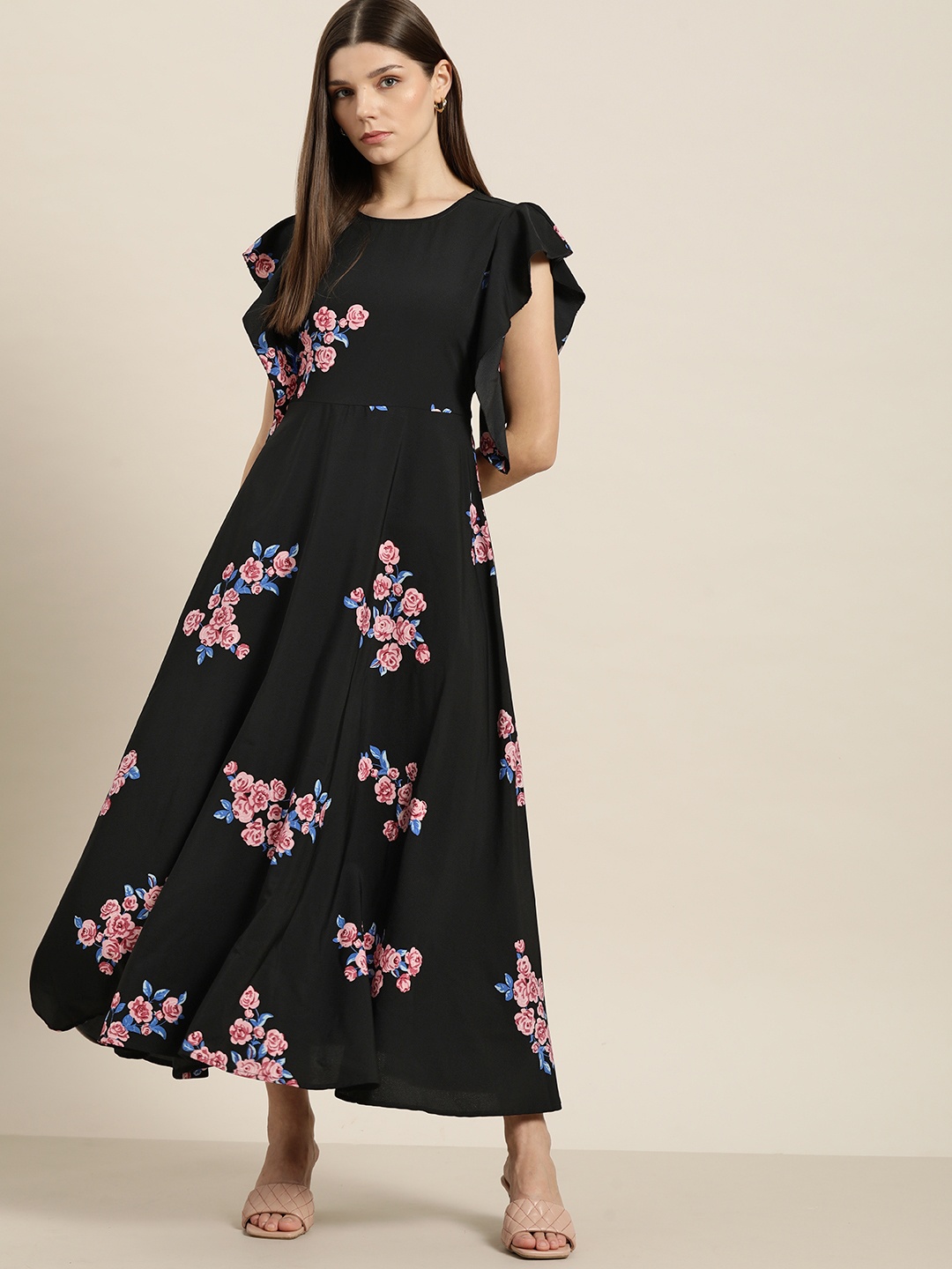 

her by invictus Black & Pink Floral Maxi Dress