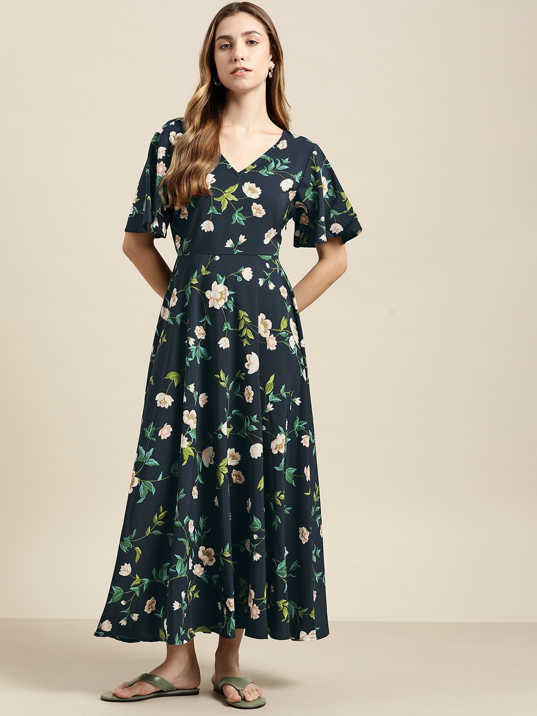 

her by invictus Navy Blue & White Floral Printed Maxi Dress