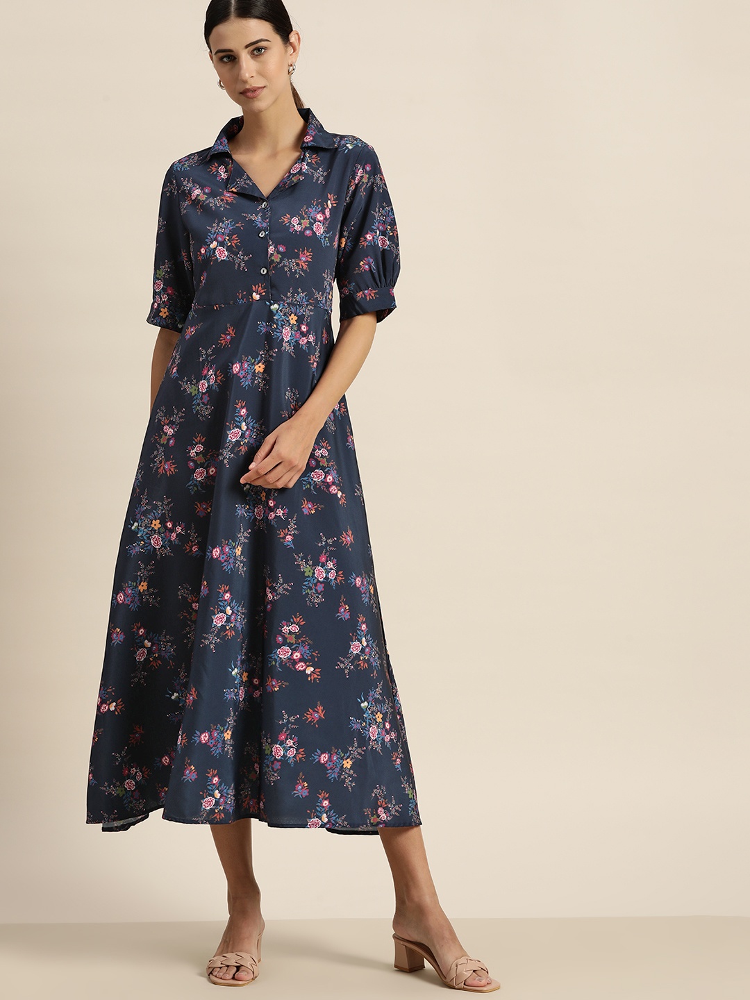 

her by invictus Navy Blue & Pink Floral Printed Shirt Style Midi Dress