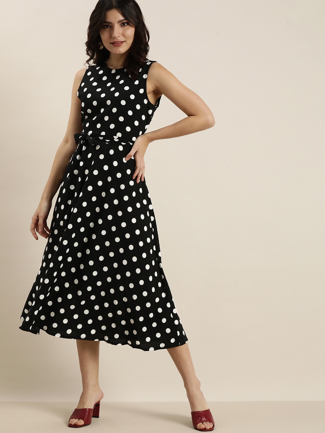 

her by invictus Black & White Polka Dots Sleeveless Fit N Flare Dress