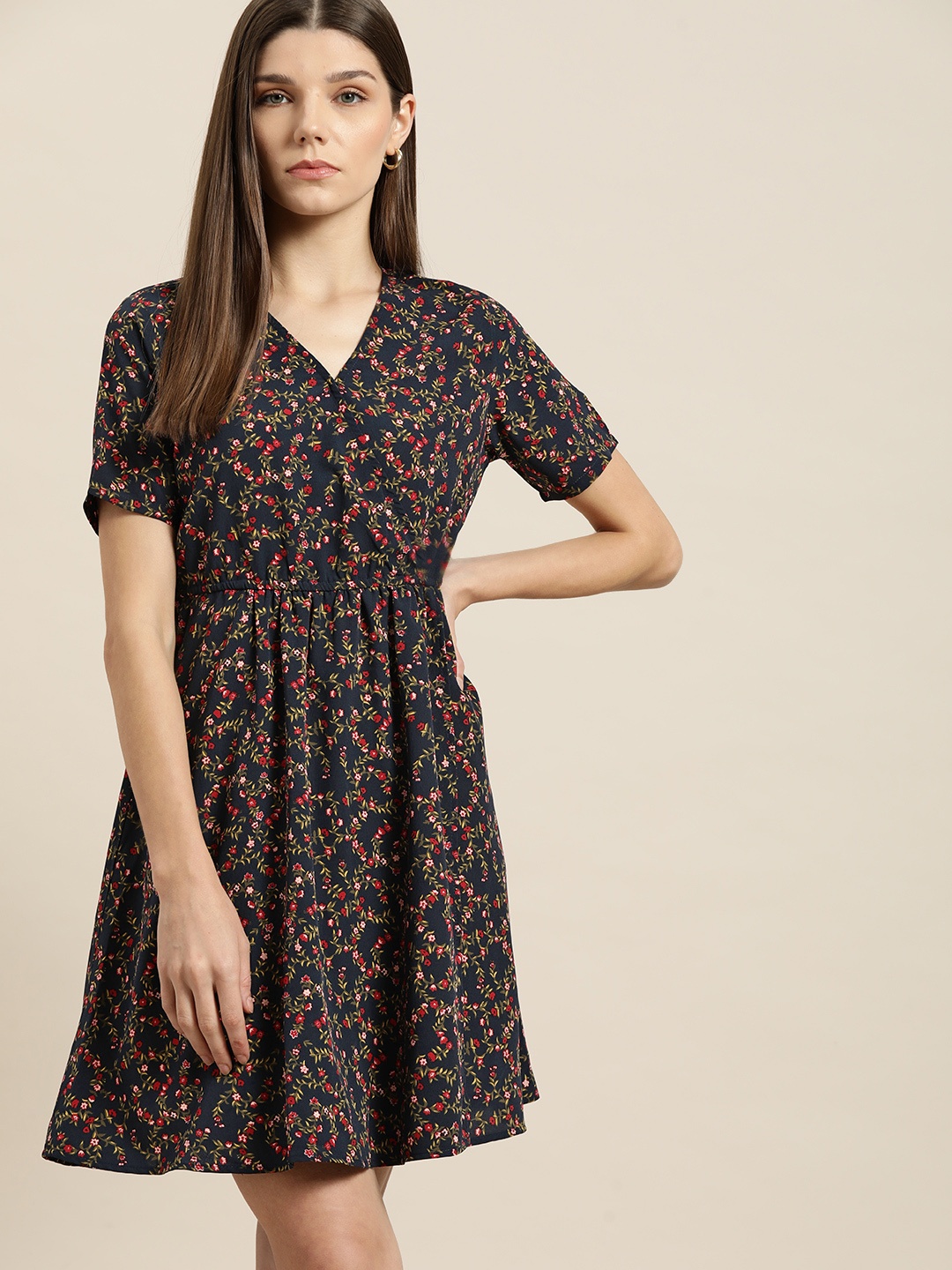 

her by invictus Navy Blue & Red Floral Print Wrap Dress