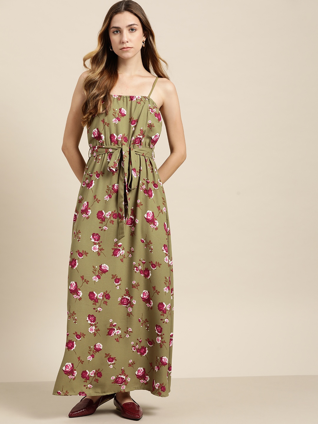 

her by invictus Olive Green & Pink Floral Printed Maxi Dress