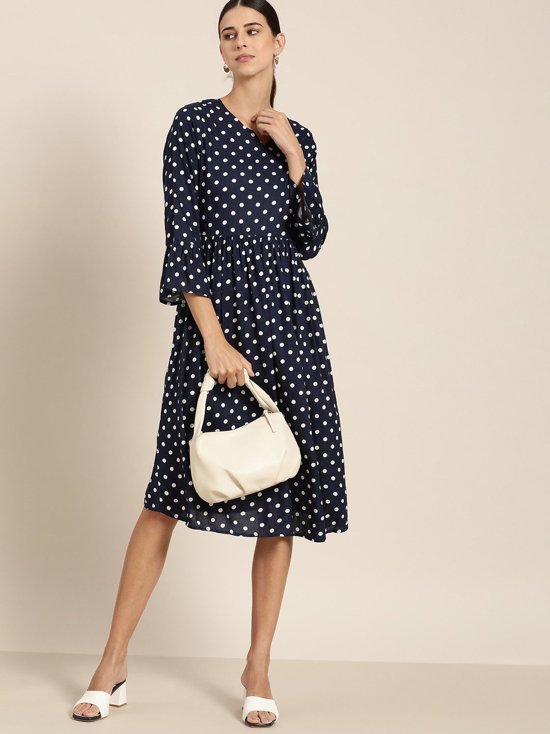 

her by invictus Women Navy Blue & White Polka Dots Printed A-Line Dress
