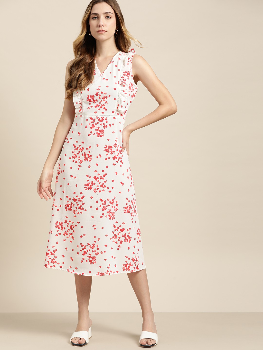 

her by invictus White & Red Floral Printed A-Line Midi Dress