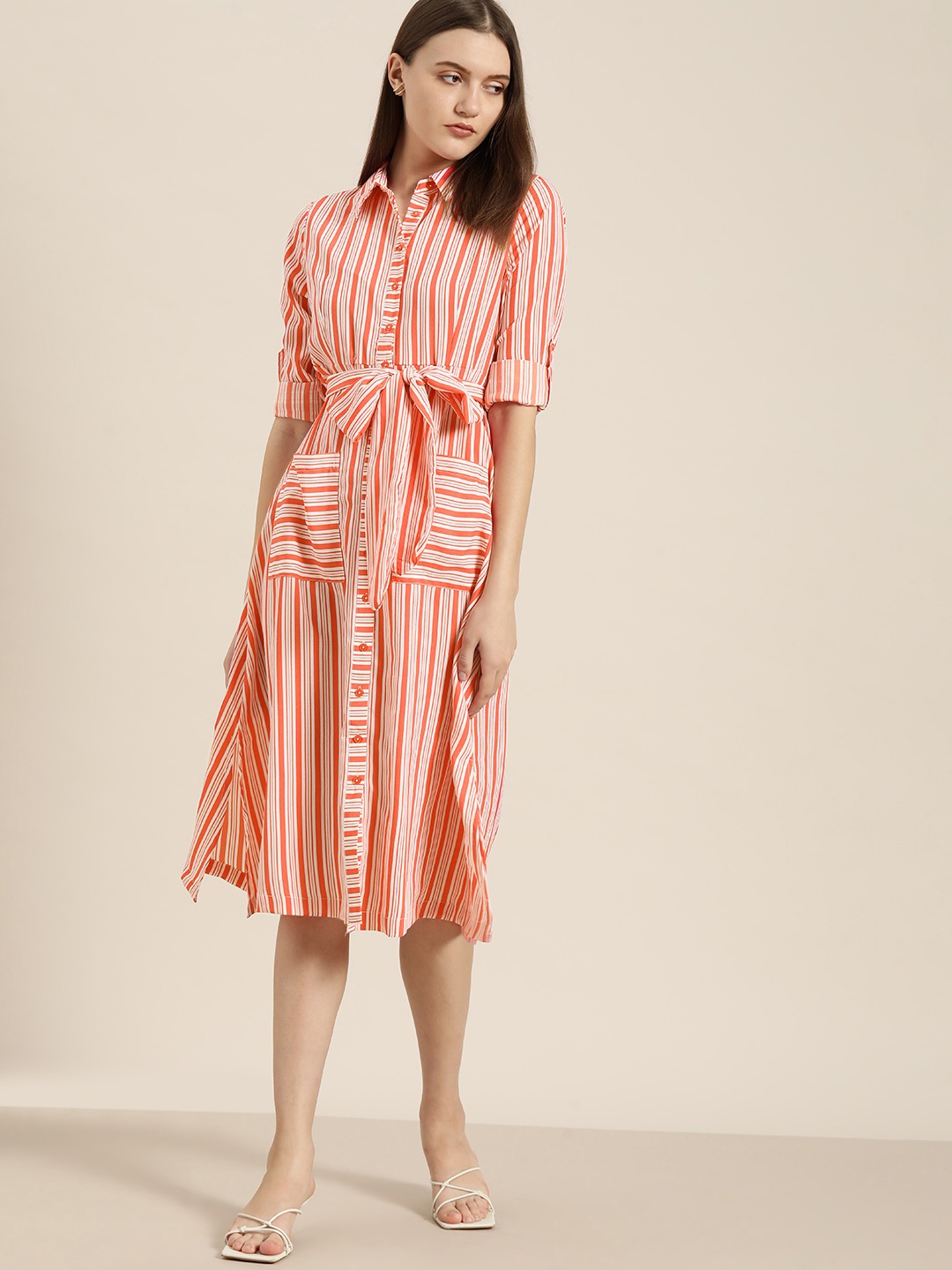 

her by invictus Striped Shirt Midi Dress with Belt, Orange