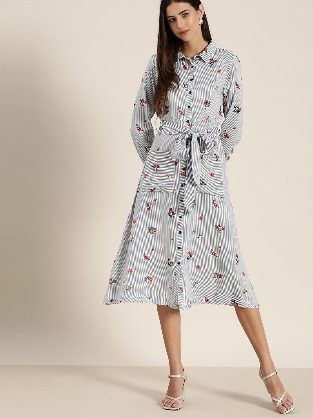 

her by invictus White & Navy Blue Striped Shirt Dress