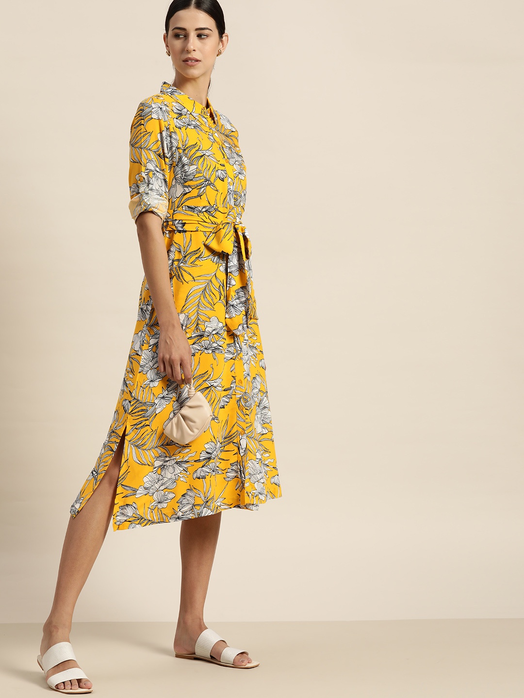 

her by invictus Mustard Yellow & White Floral Printed Shirt Midi Dress