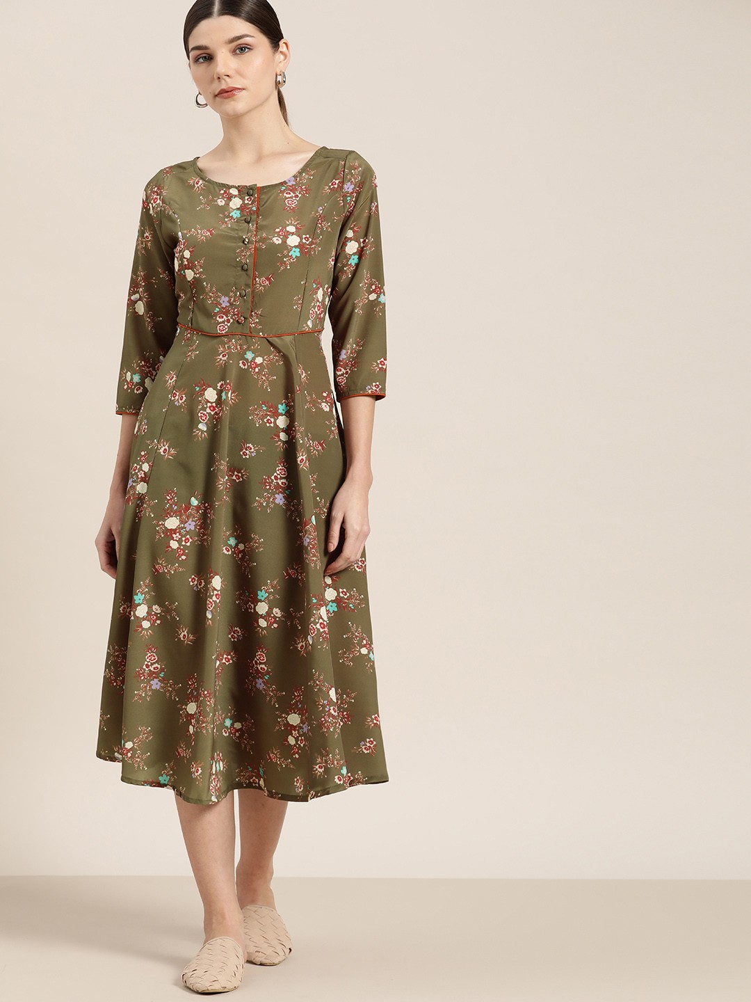 

her by invictus Olive Green & Maroon Floral Printed A-Line Midi Dress