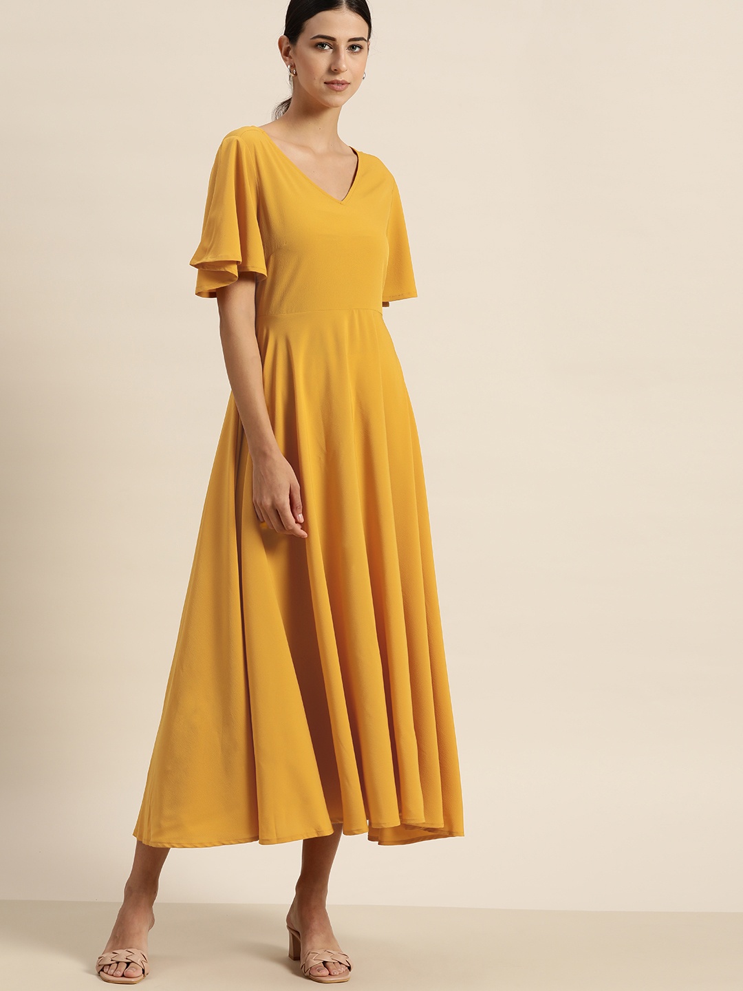 

her by invictus Mustard Yellow Solid A-Line Midi Dress