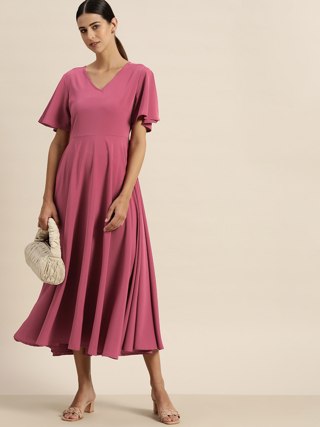 

her by invictus Mauve Solid A-Line Midi Dress