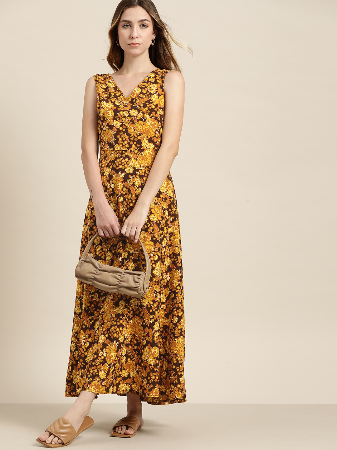

her by invictus Mustard Yellow & Brown Floral Print Smocked Maxi Dress