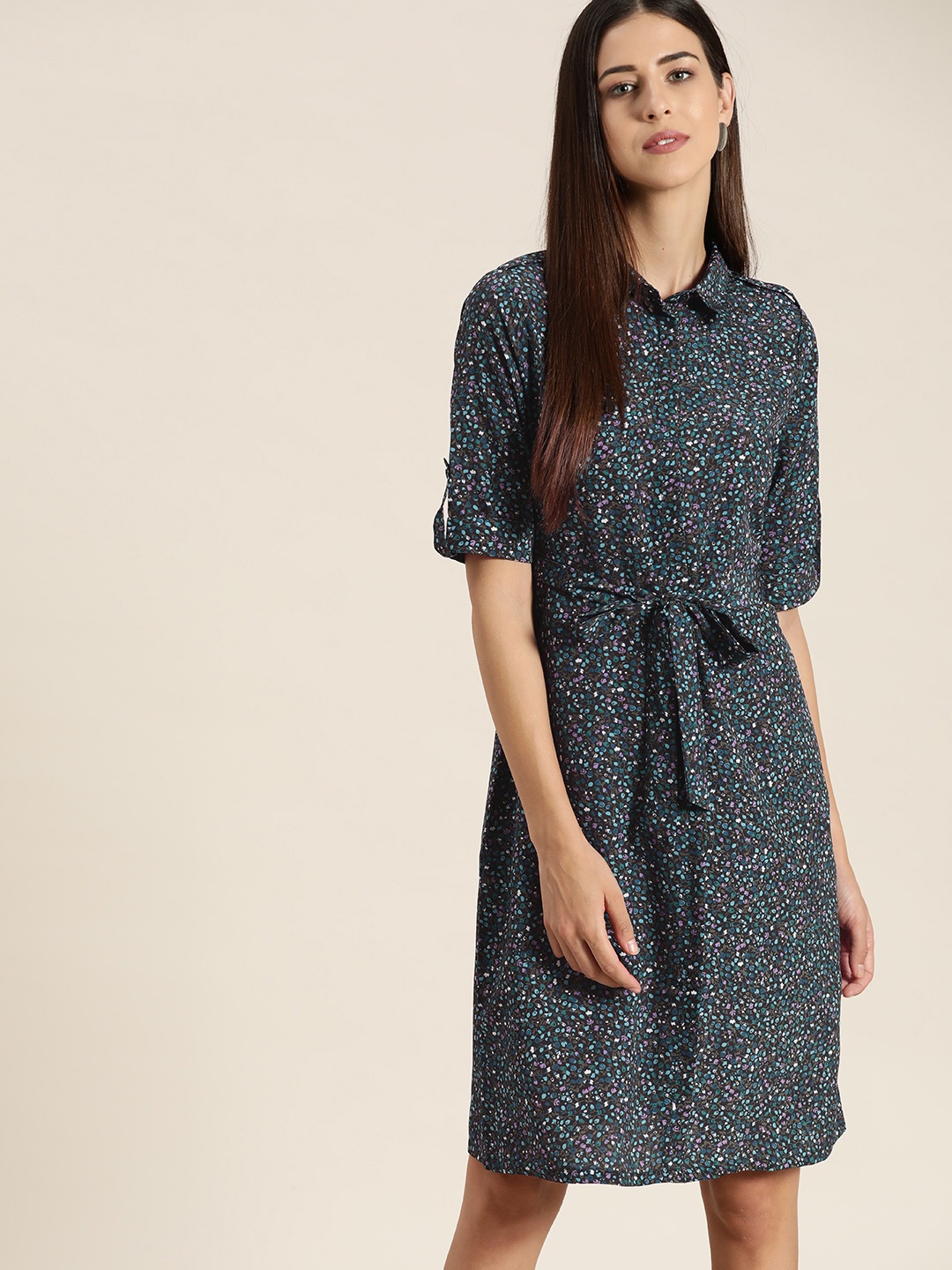 

her by invictus Black & Blue Floral Shirt Dress