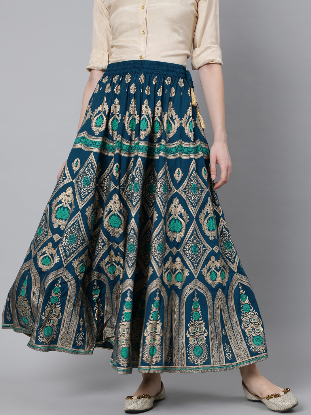 

Jaipur Kurti Turquoise Blue & Gold-Coloured Printed Maxi-Length Skirt