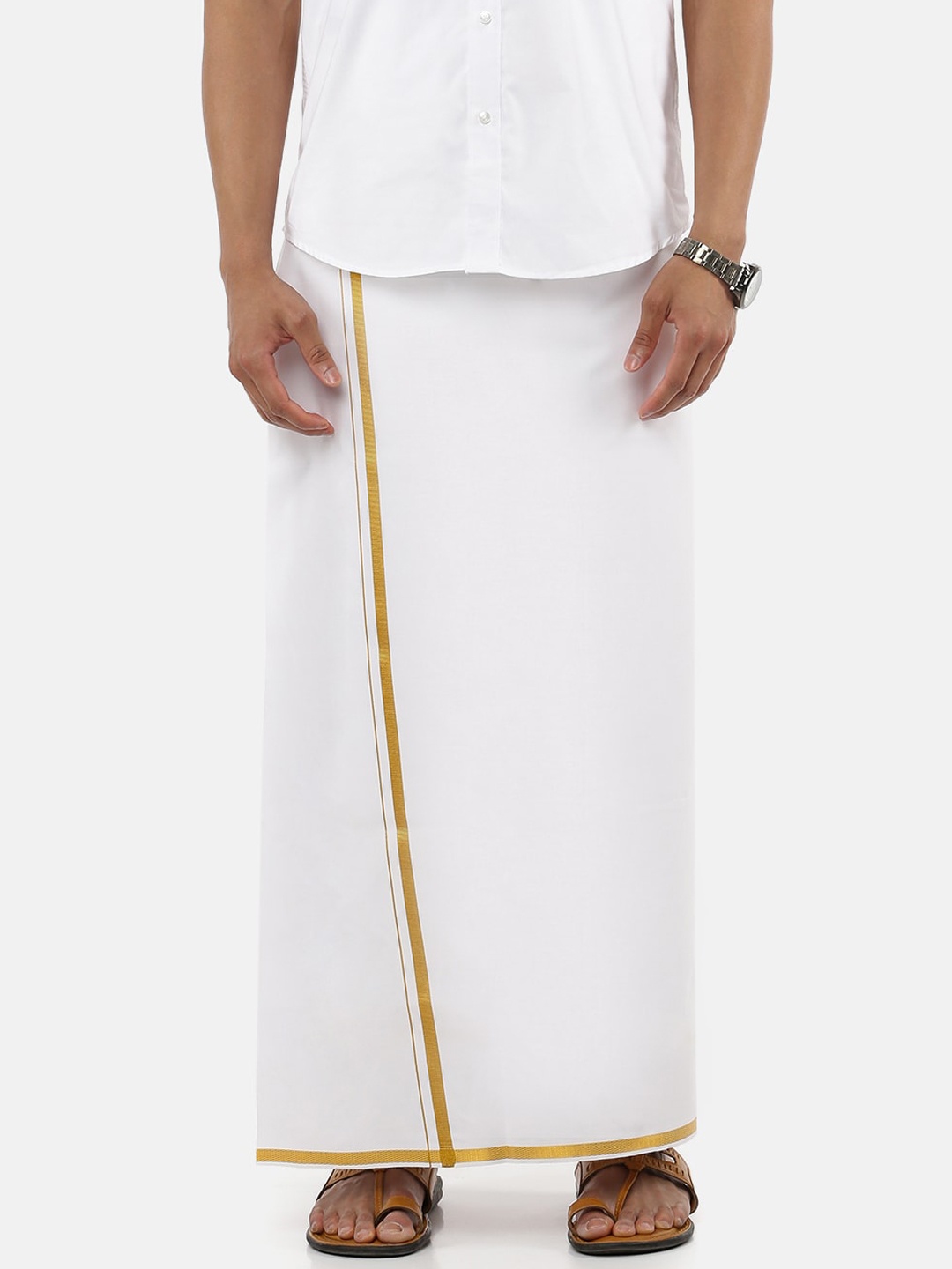 

Ramraj Men Pure Cotton Single Layer White Dhoti with Gold Zari Border