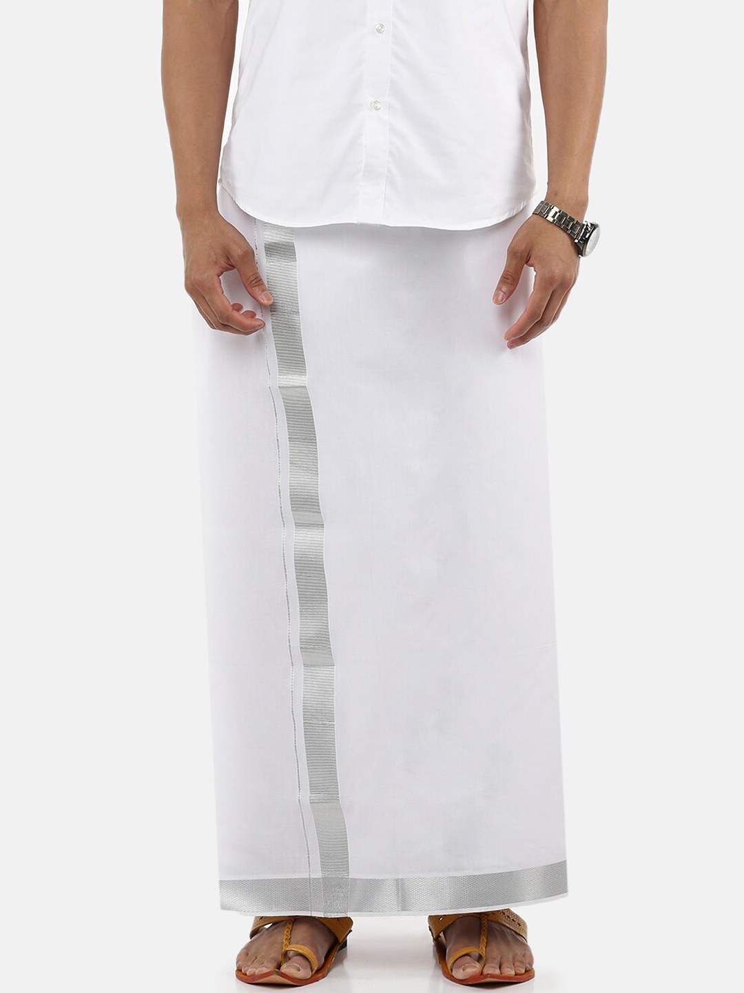 

Ramraj Men White Pure Cotton Single Layer Dhoti with Silver Zari Border