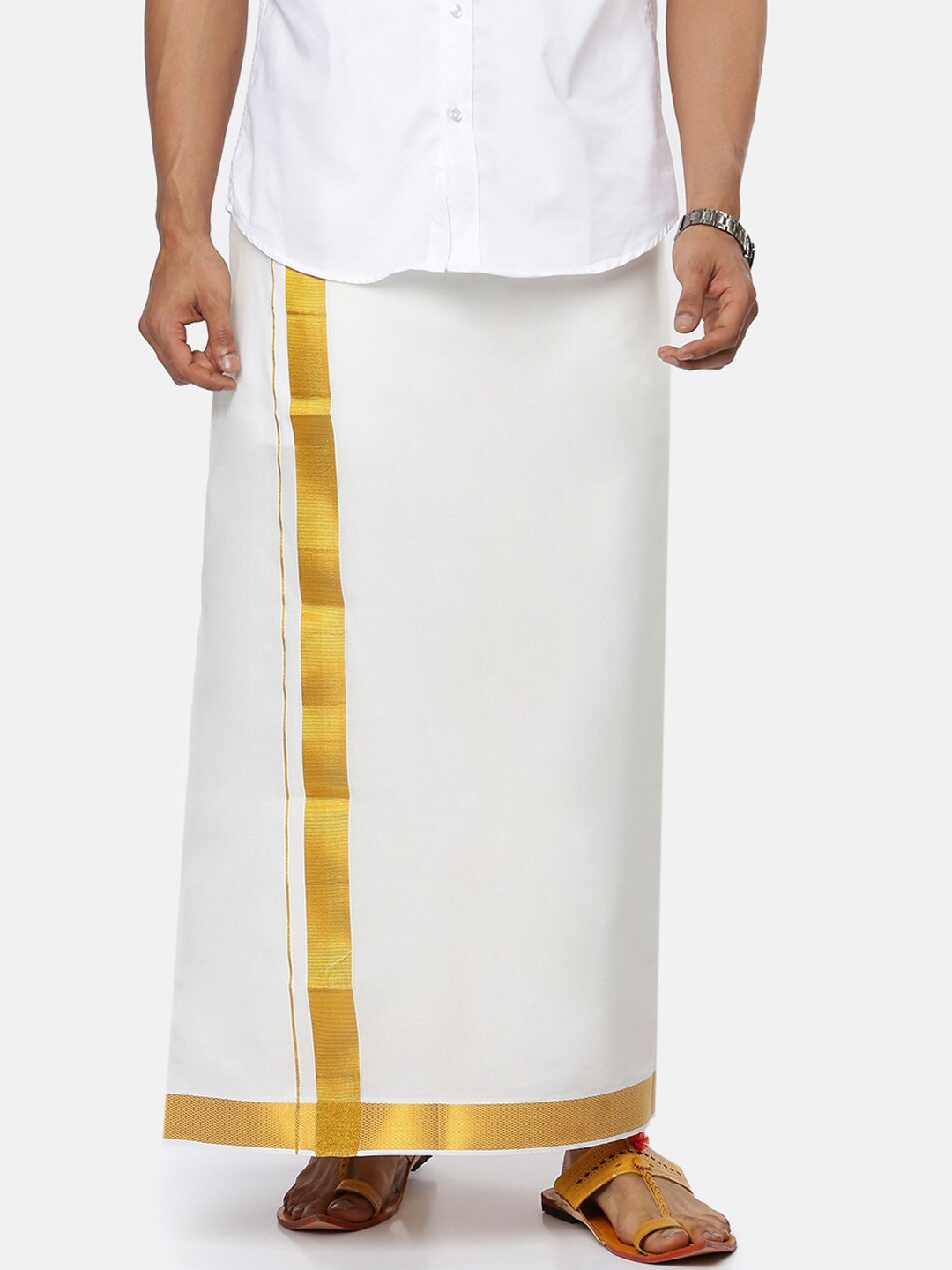 

Ramraj Men Cream-Coloured Pure Cotton Double layer Solid Dhoti with gold jari border