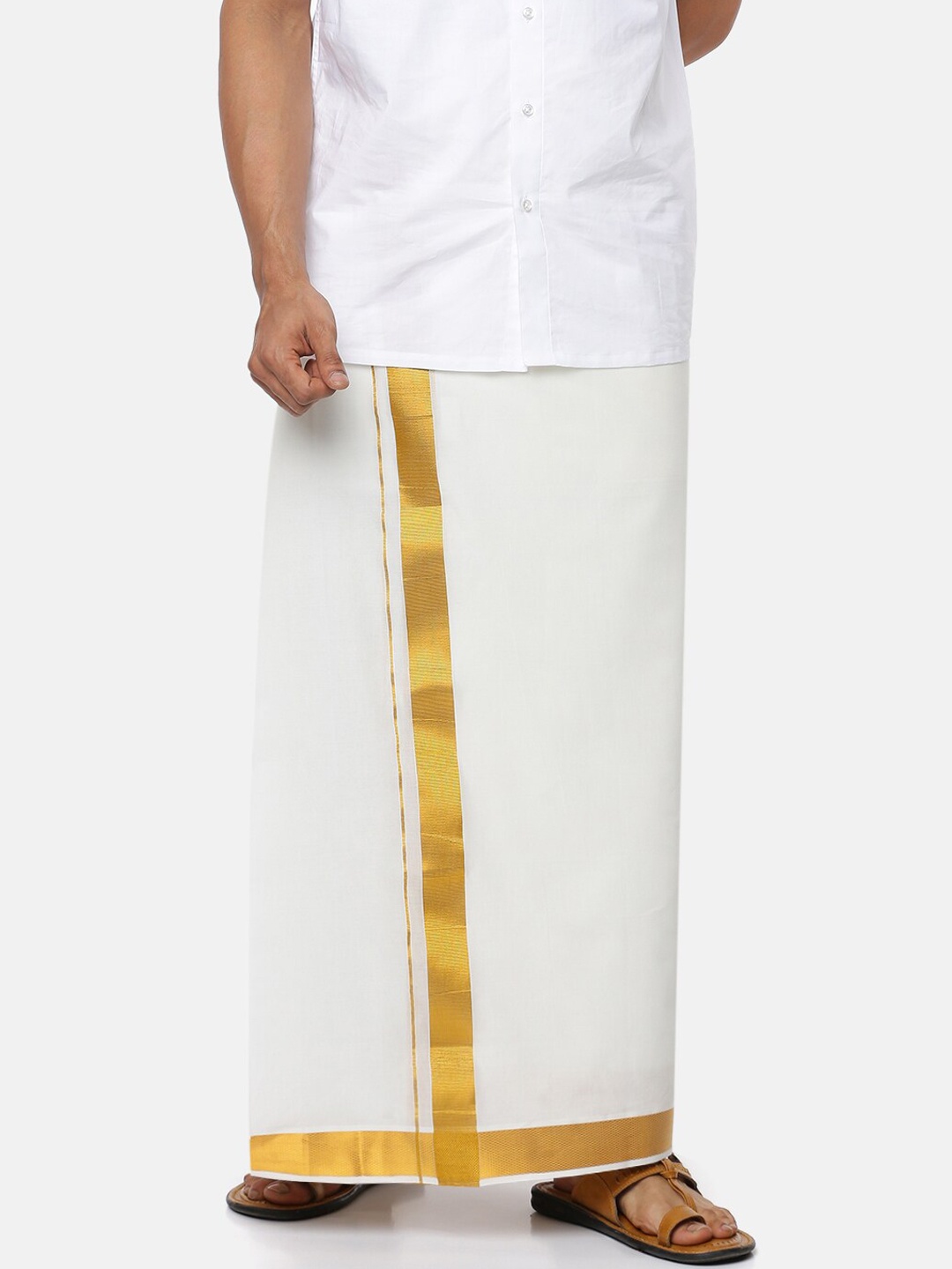 

Ramraj Men Cream-Coloured Pure Cotton Double Layer Solid Dhoti with Gold Zari Border