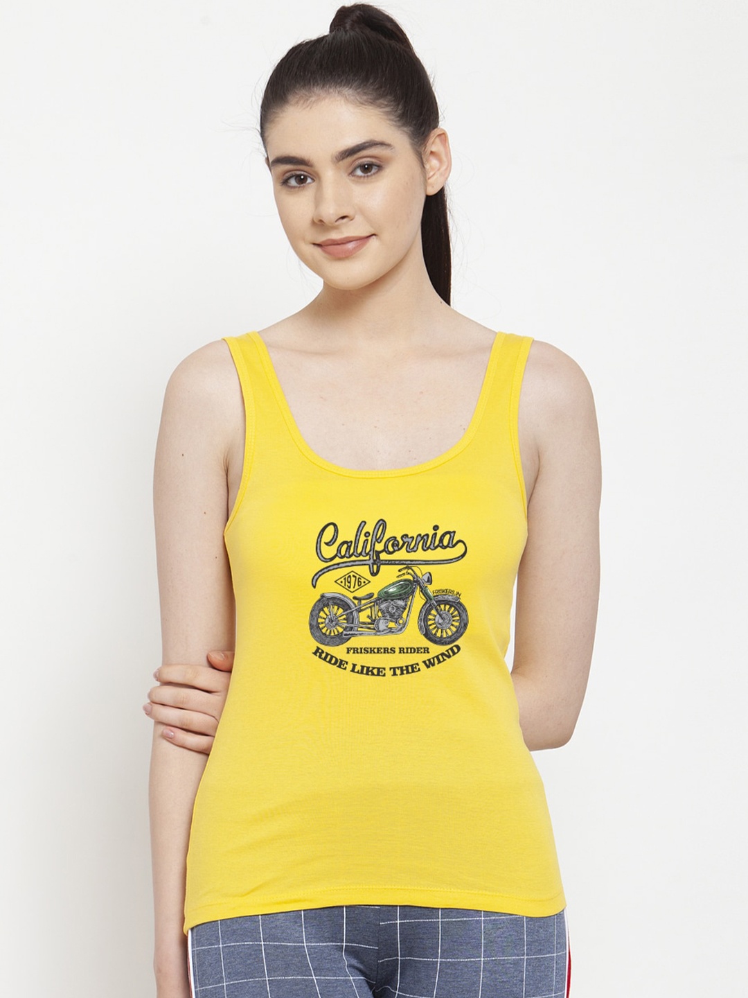 

Friskers Women Yellow & Black Printed Tank Top