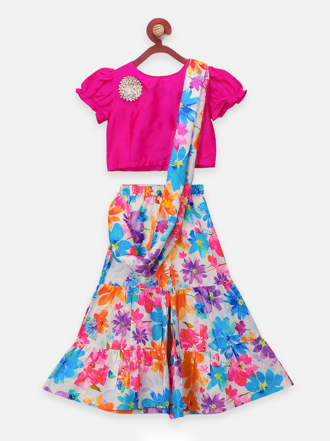 

LilPicks Girls Fuchsia Pink & Blue Floral Print Top & Saree Drape Sharara Set