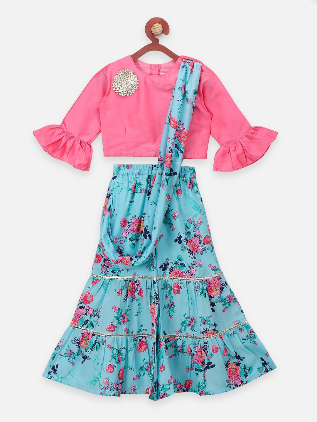 

LilPicks Girls Pink & Blue Floral Print Top & Saree Drape Sharara Set