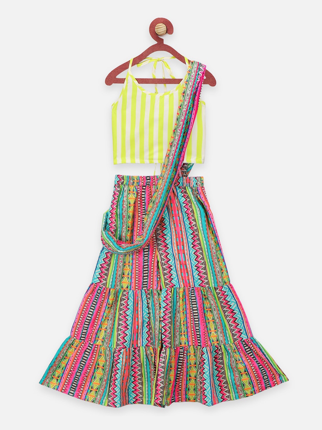 

LilPicks Girls Multicoloured Striped Top & Saree Drape Sharara Set, Multi