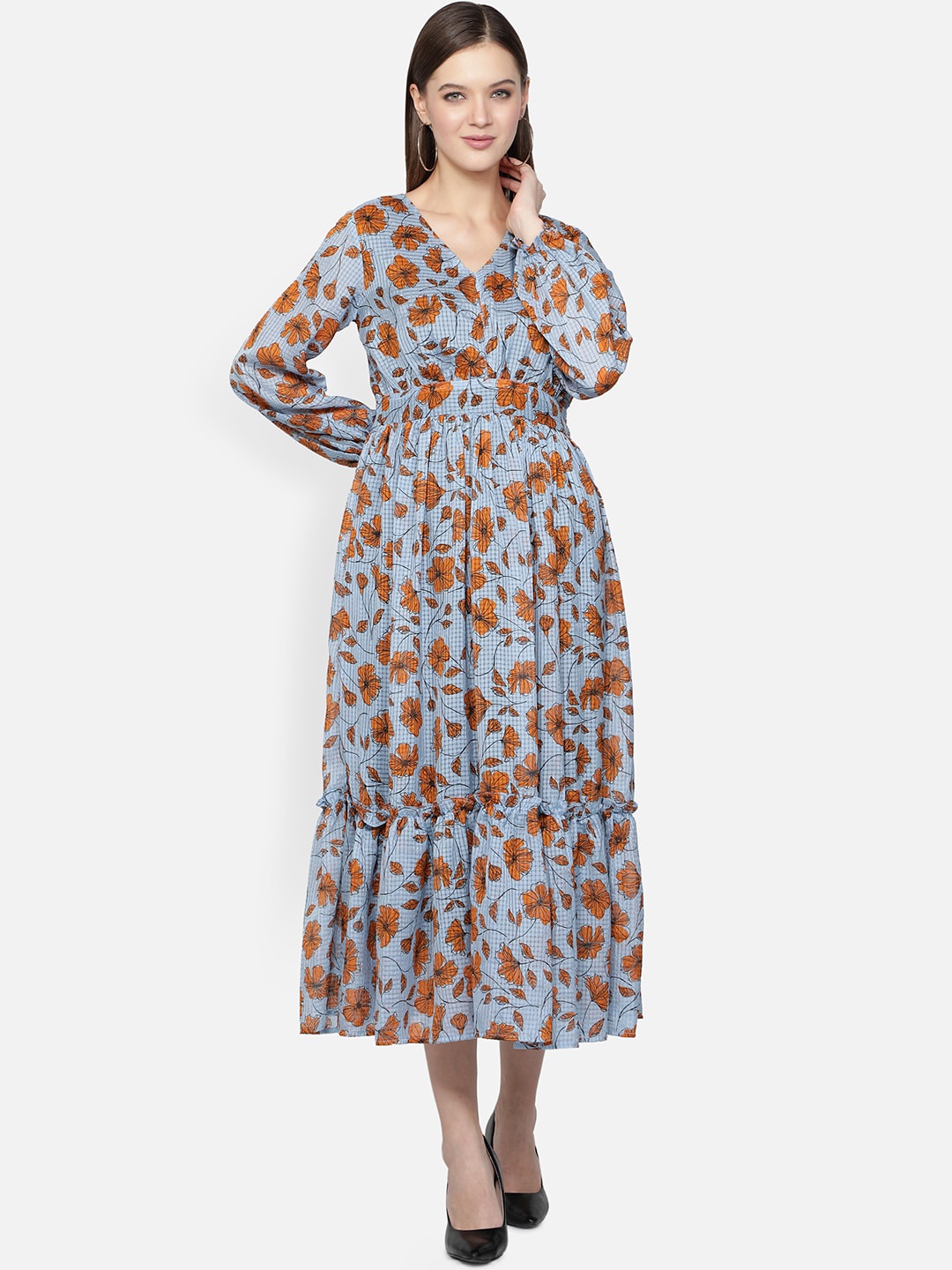 

DESI WOMANIYA Blue & Mustard Floral Crepe Midi Dress