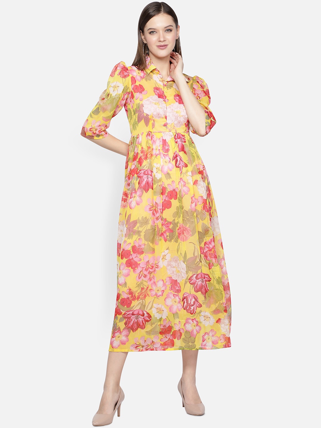 

DESI WOMANIYA Yellow & Red Floral Chiffon A-Line Midi Dress