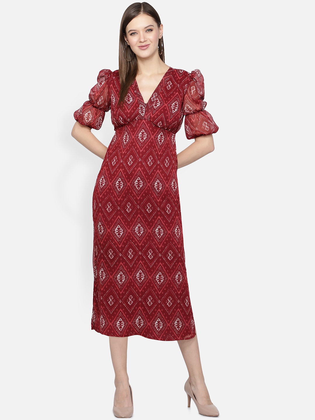 

DESI WOMANIYA Maroon Ethnic Motifs Chiffon Empire Midi Dress