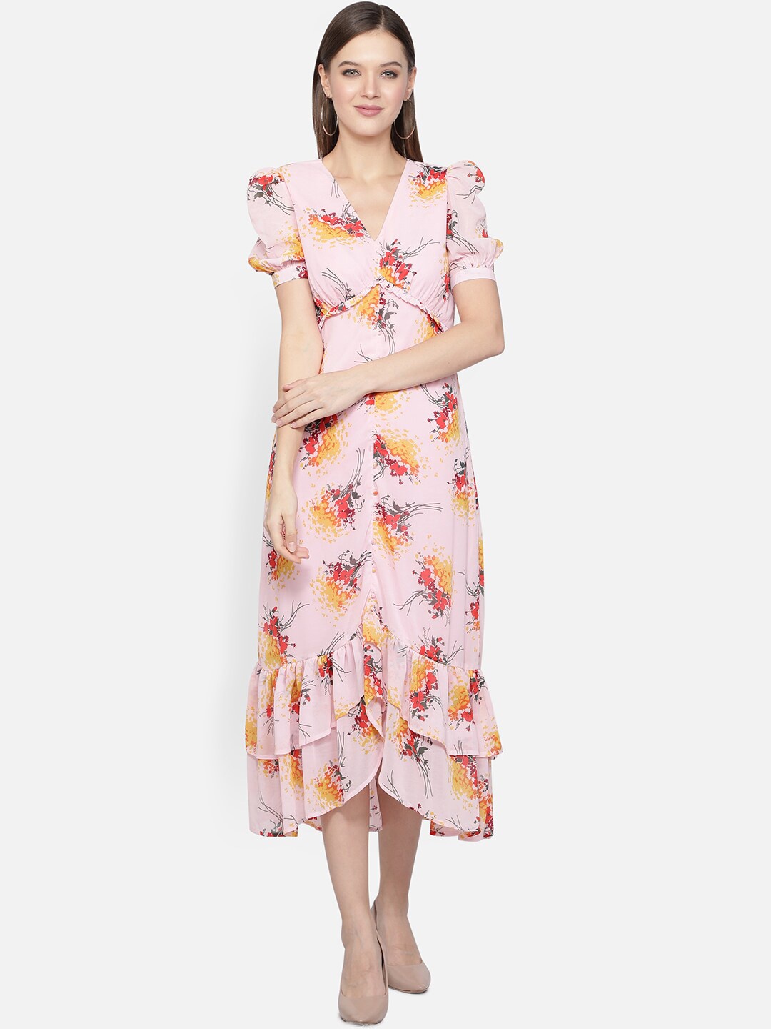 

DESI WOMANIYA Pink & Multicoloured Floral Chiffon Midi Dress
