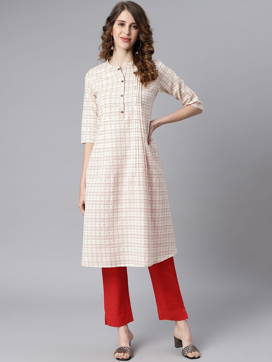 

Janasya Women Cream-Coloured Ethnic Motifs Printed A-Line Kurta