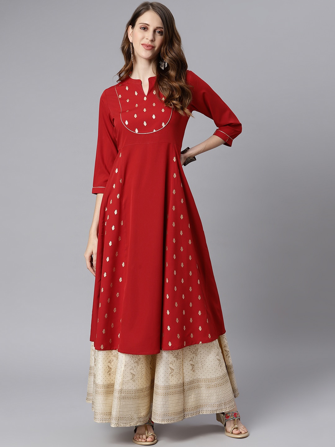 

Janasya Women Maroon & Gold-Toned Ethnic Motifs Printed Crepe Anarkali Kurta