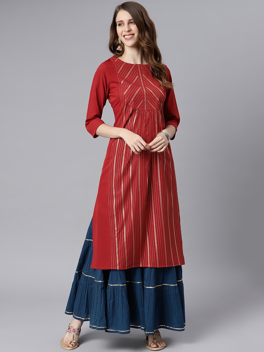 

Janasya Women Maroon & Gold-Toned Striped A-Line Kurta