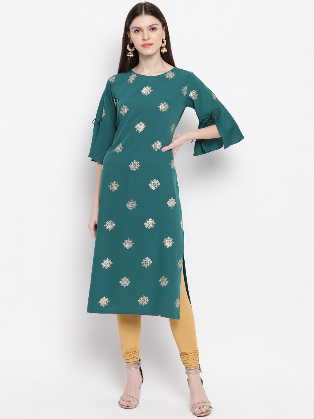 

Janasya Women Teal & Gold-Toned Ethnic Motif Bell Sleeves Indie Prints Crepe Kurta