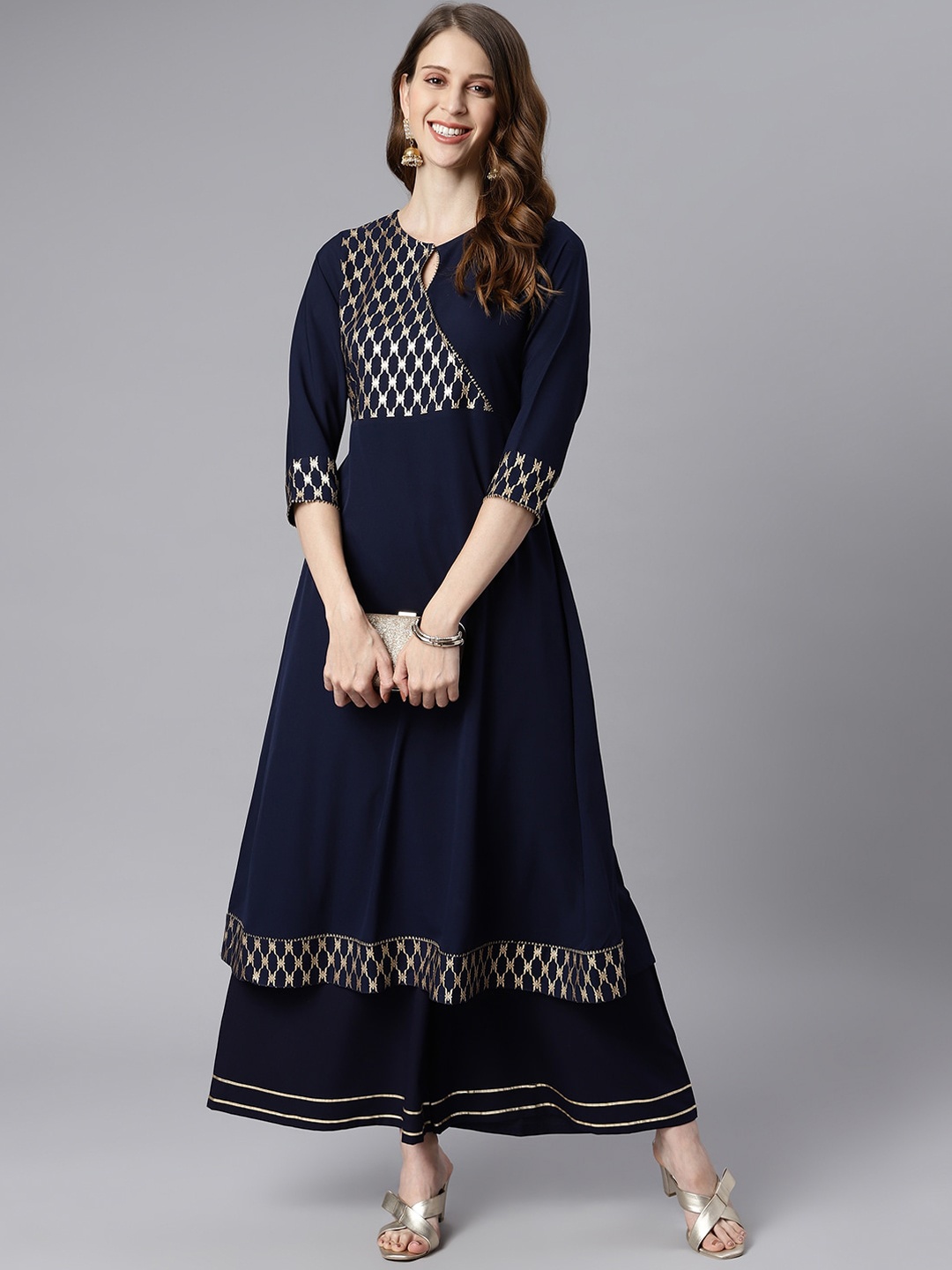 

Janasya Women Printed Yoke Design Crepe Anarkali Kurta, Navy blue