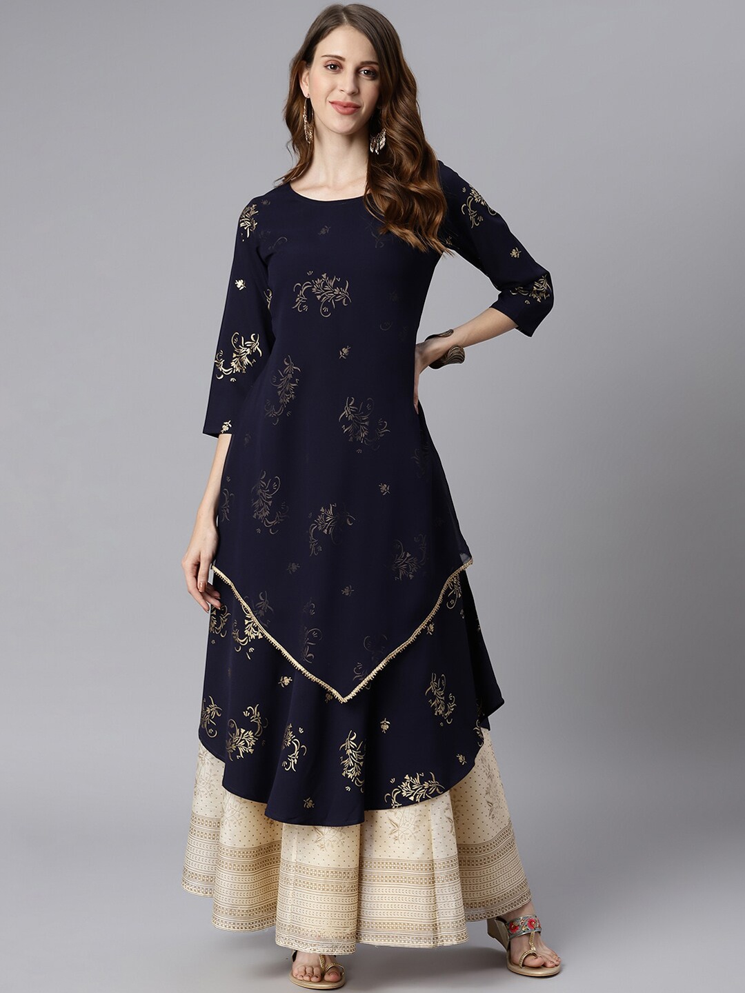 

Janasya Women Floral Printed Flared Kurta, Navy blue