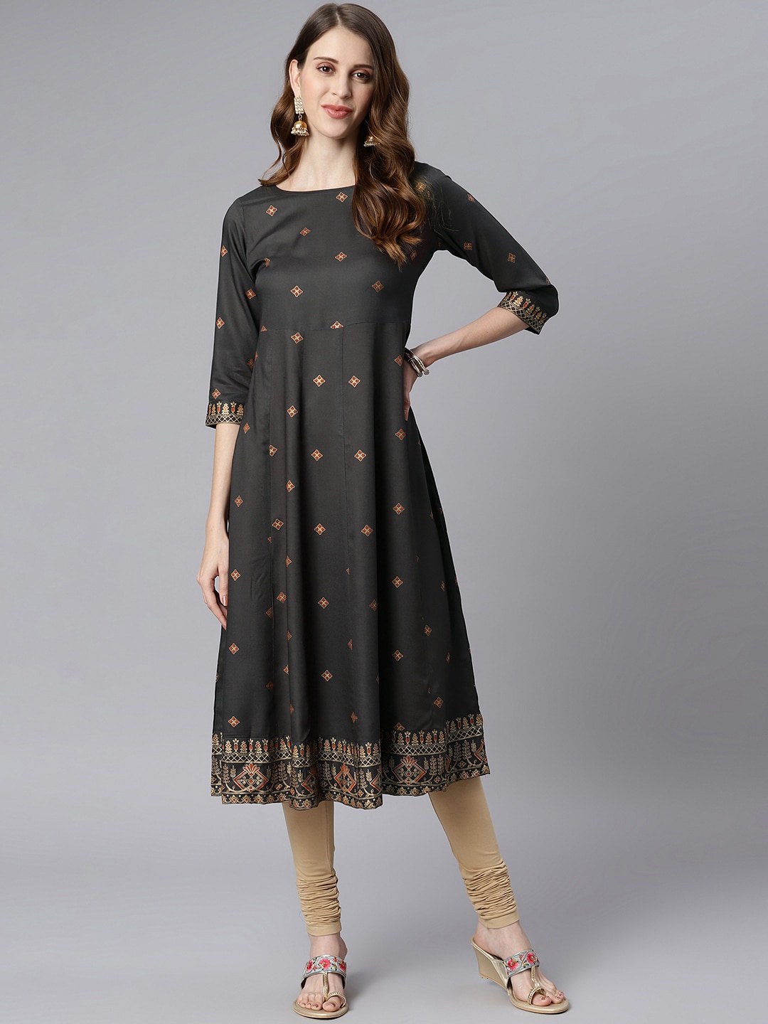 

Janasya Women Charcoal Ethnic Motifs Printed Kurta
