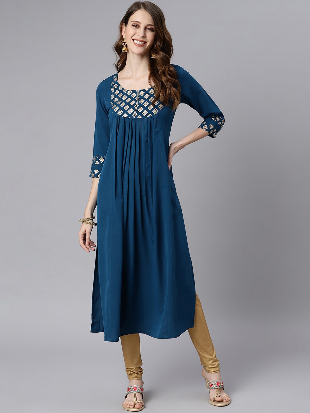 

Janasya Women Blue Yoke Design Flared Sleeves Crepe Anarkali Kurta