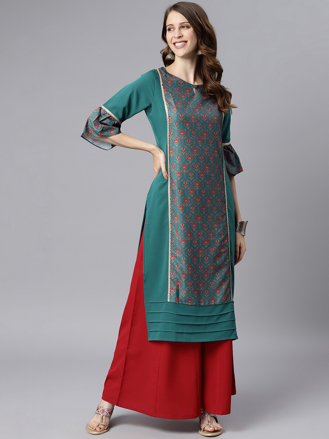 

Janasya Women Green Ethnic Motifs Bell Sleeves Gotta Patti Crepe Kurta