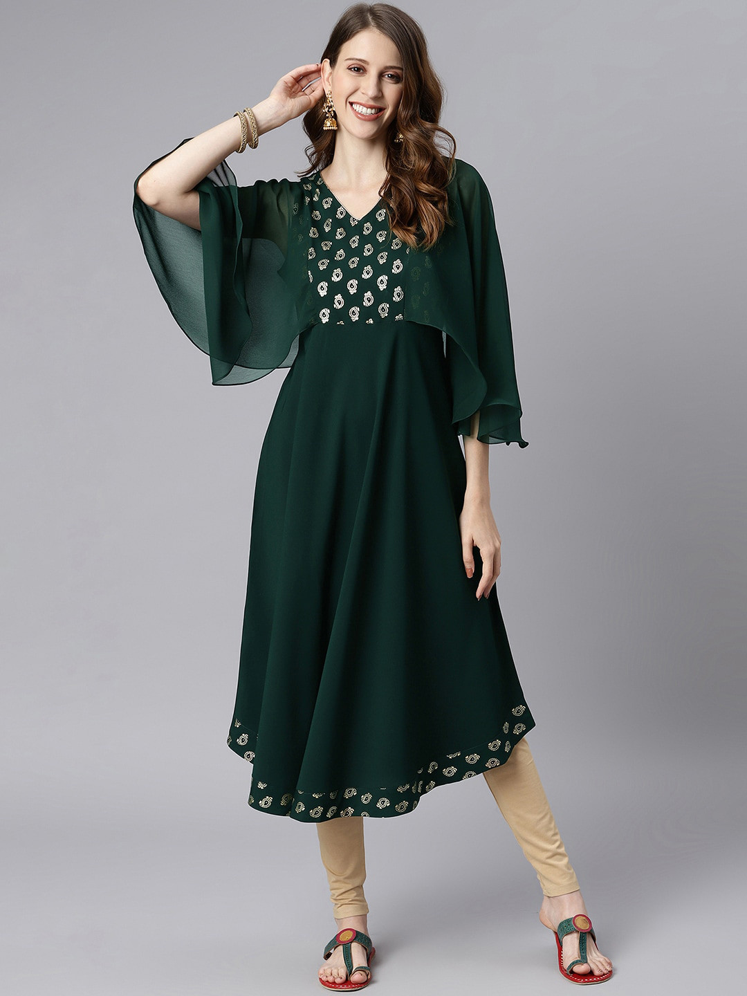 

Janasya Women Green Yoke Design Flared Sleeves Printed Crepe Anarkali Kurta