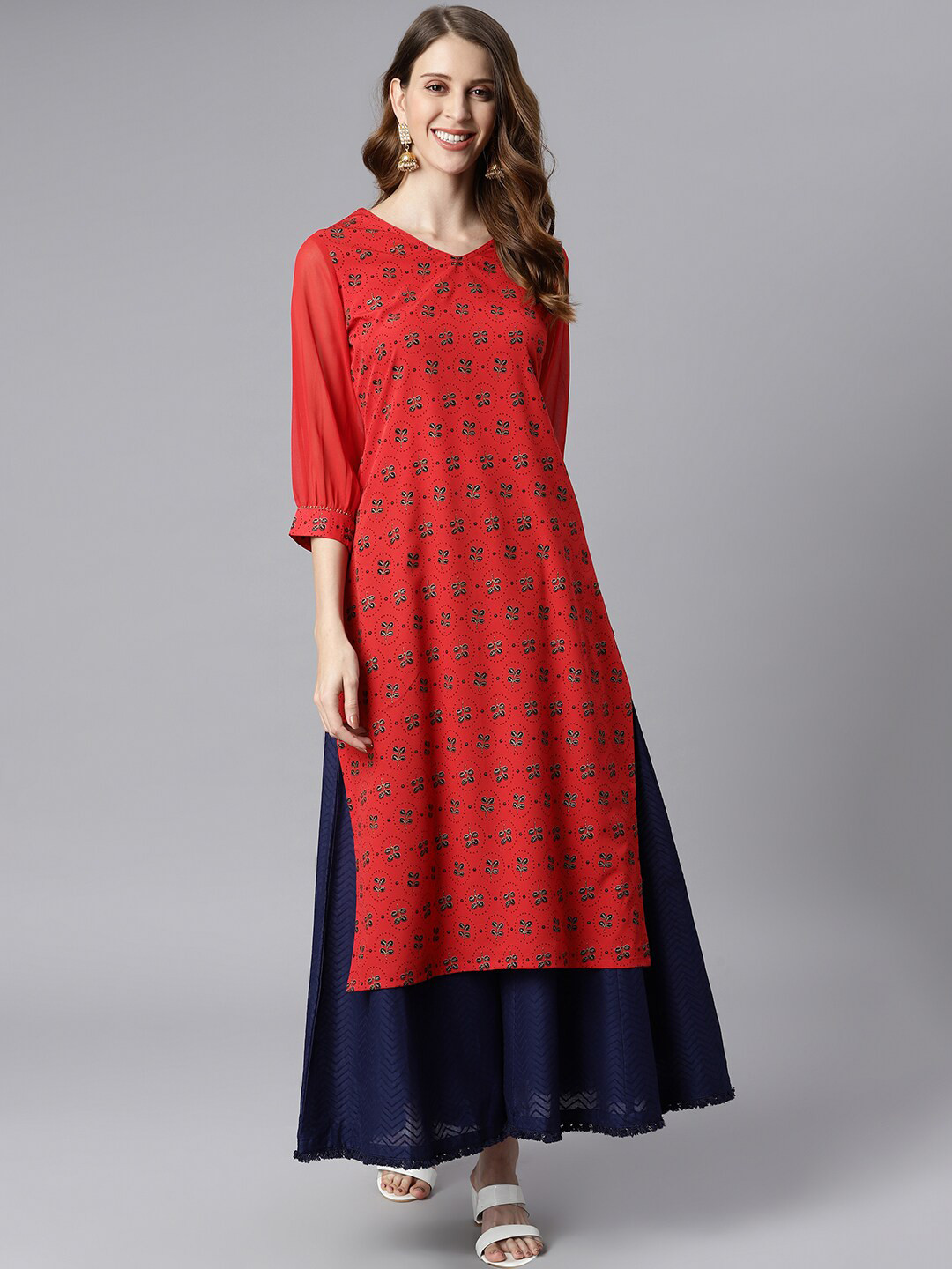 

Janasya Women Red & Black Floral Printed Crepe Kurta