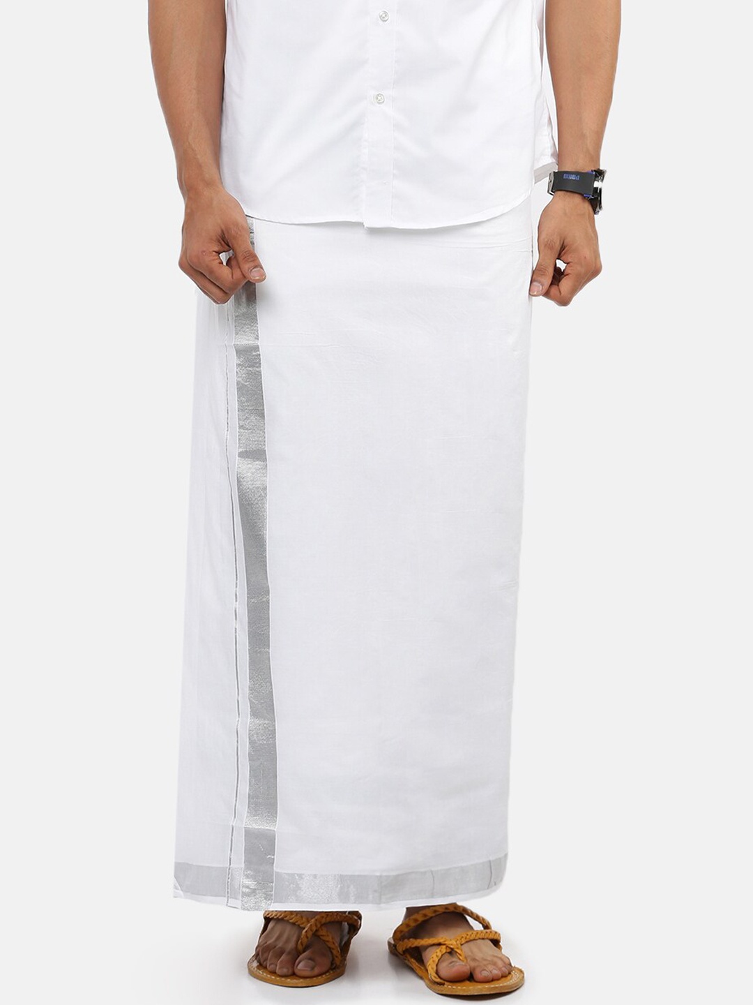 

Ramraj Men Pure Cotton Double layer White Solid Dhoti with Silver jari border