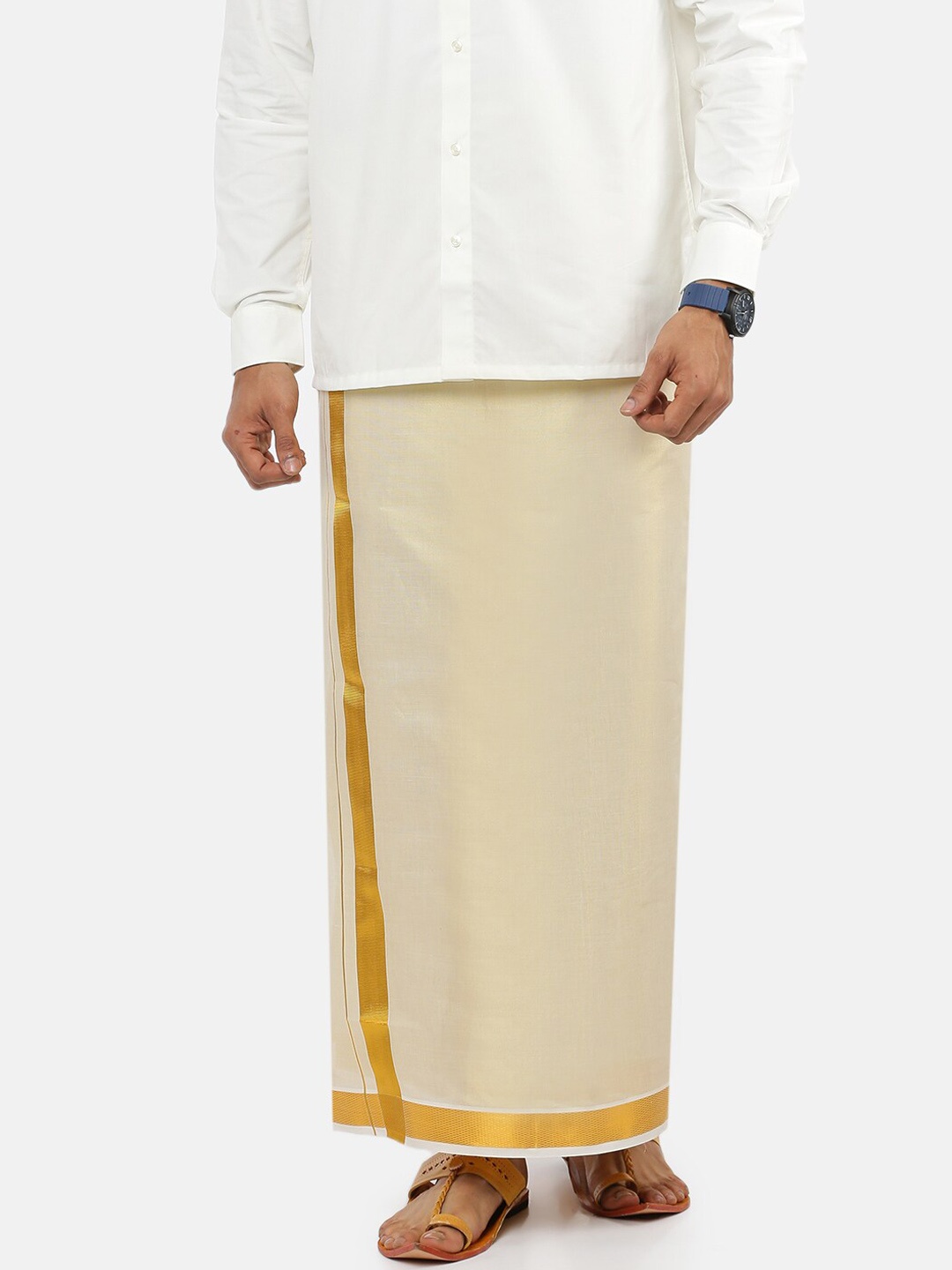 

Ramraj Men Pure Cotton Single layer Cream-Coloured Dhoti with Gold jari border