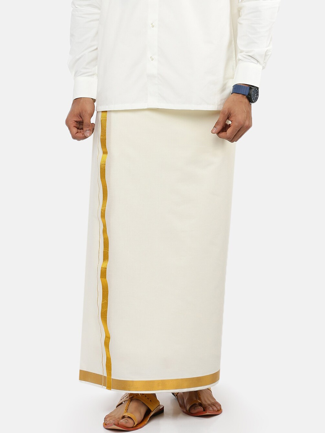 

Ramraj Men Pure Cotton Double layer Cream-Coloured Solid Dhoti with gold jari border