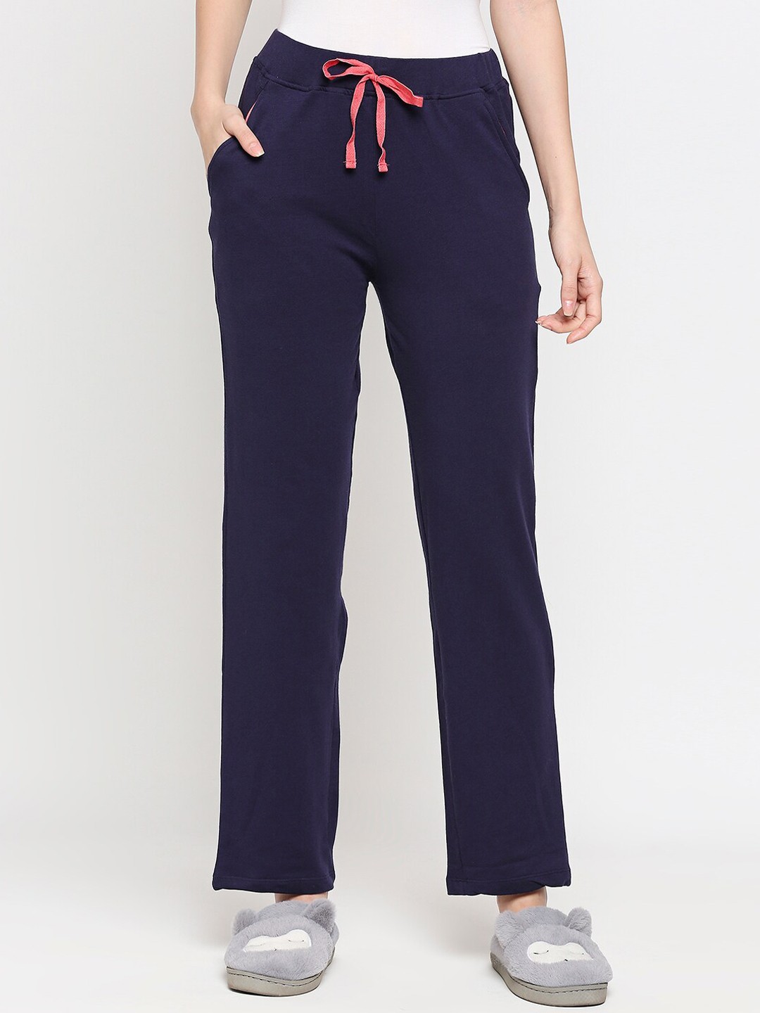 

XIN Women Navy Blue Solid Cotton Lounge Pants