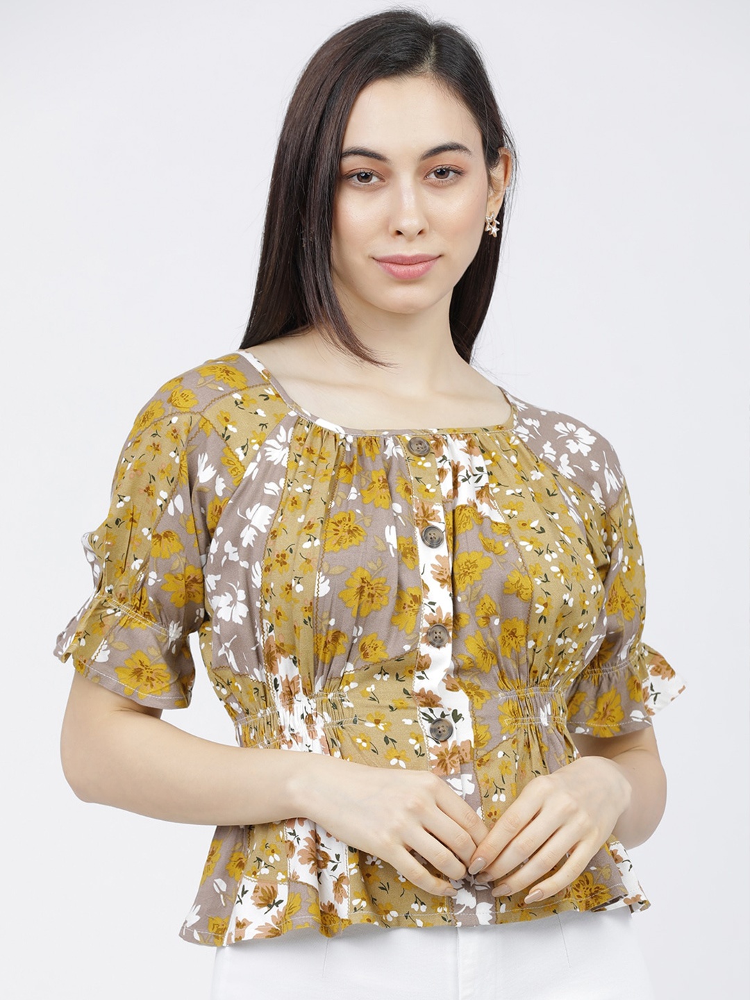 

Tokyo Talkies Women Mustard Yellow Floral Puff Sleeve Cinched Waist Top