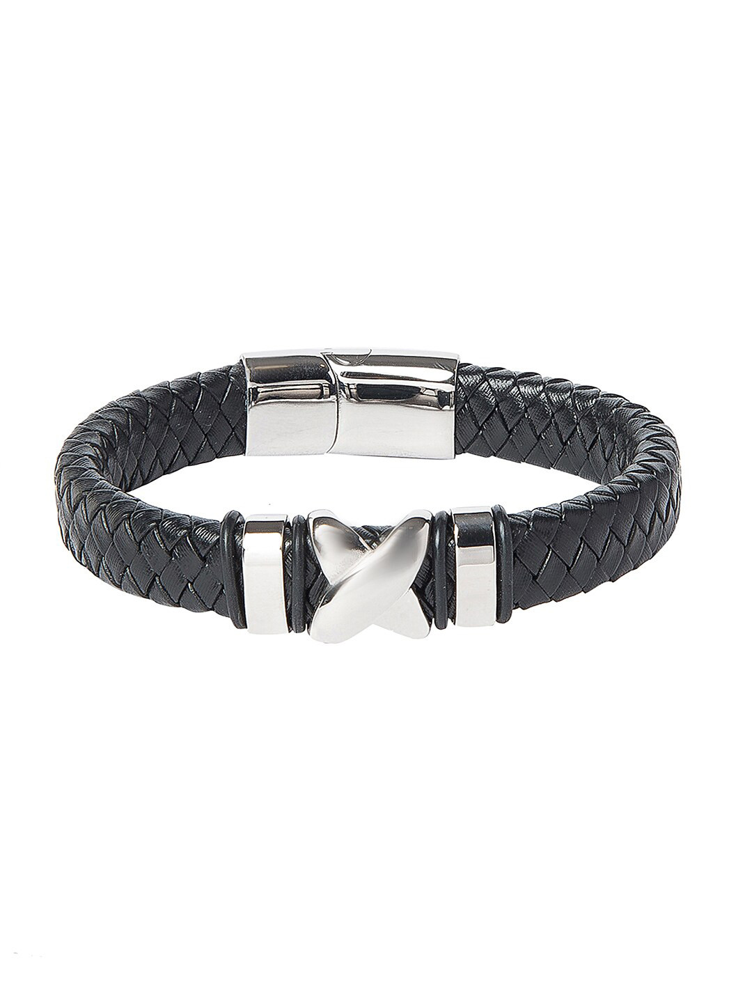 

Bodha Men Black & Silver-Toned Leather Wraparound Bracelet